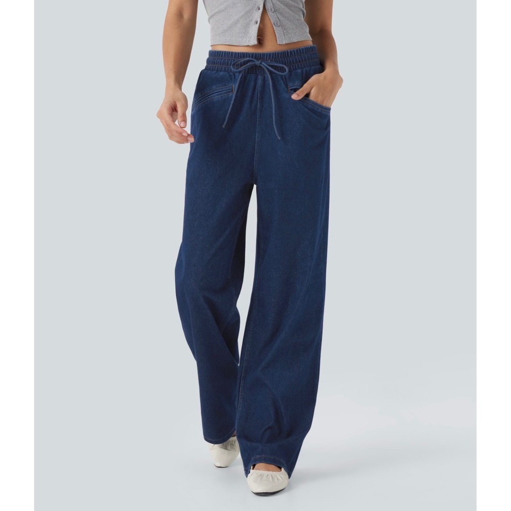 Halara Flex High Waisted Drawstring Wide Leg Jeans Blue Size M Regular